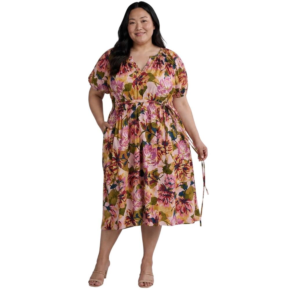 Terra & Sky Floral Midi Dress 3X Pink Short Sleeve V Neck Belt Smocked Summer